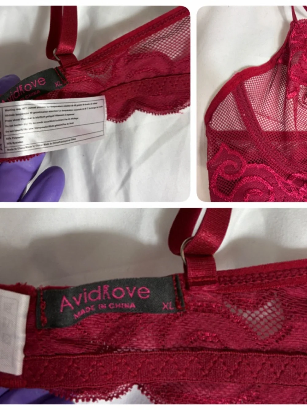 Avidlove red lace mesh sheer underwire bra size XL